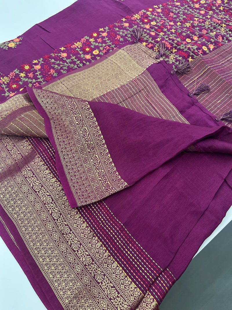 Pure Tussar Silk With Katha Work and Embroidery Buttas in Premium Finishing🦋 🌹-JU16
