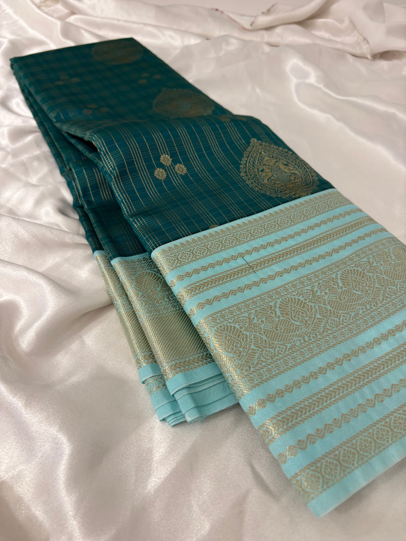 JU18 - Peacock Blue X Pastel Blue Checks Semi Silk Saree