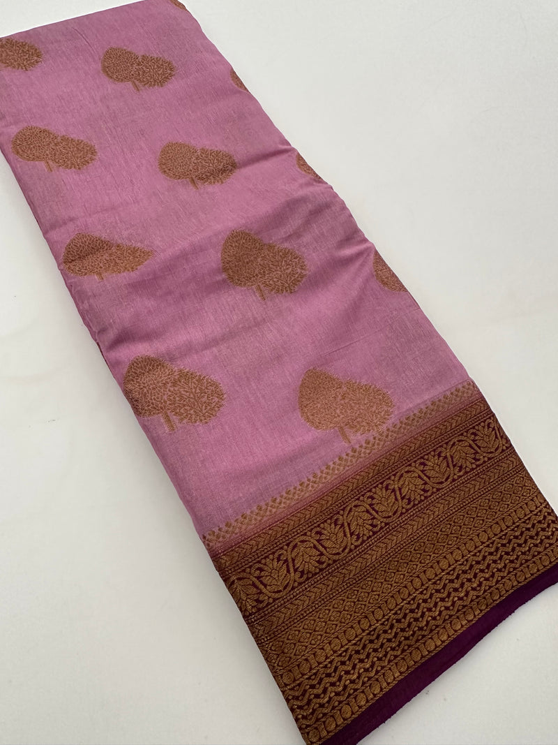 Baby Pink x Purple Tussar Cotton Saree with Double Leaf Butta All Over JU24