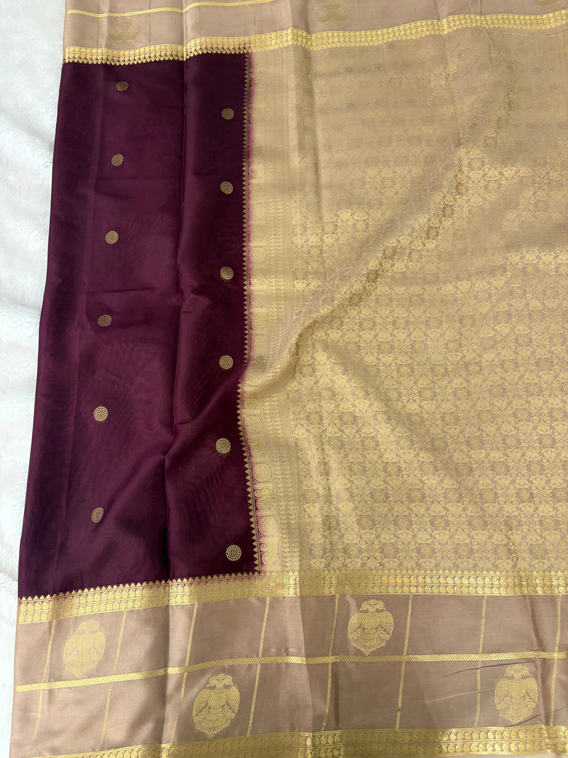Semi Crepe Silk Saree - Brown x Beige (J29)
