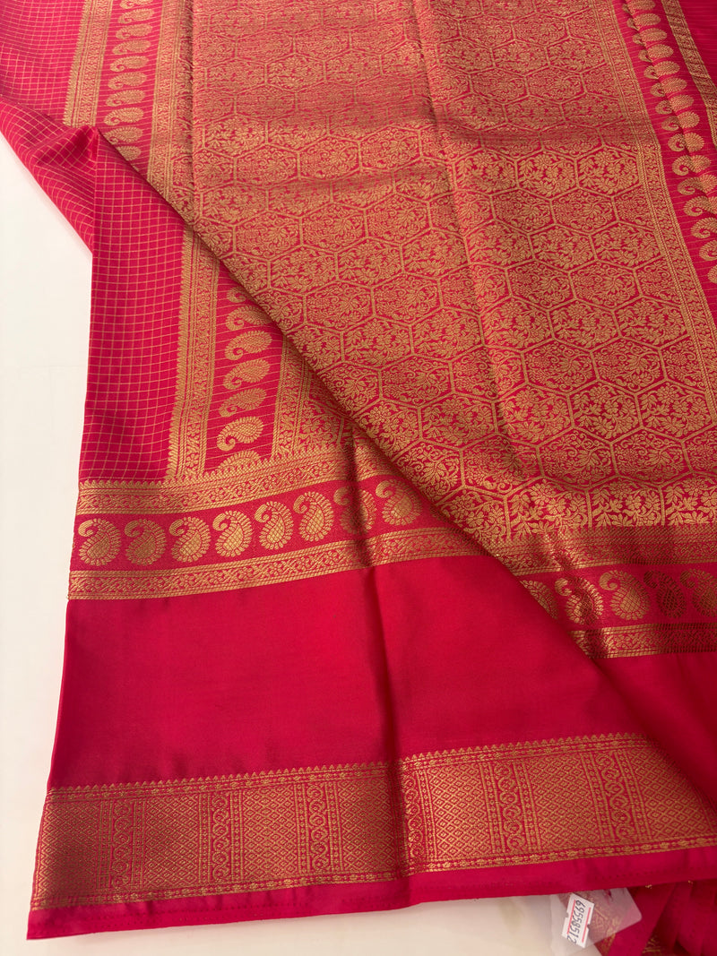 BENTEX BORDER SELF CHEX SEMI CREPE SILK SAREE-PINK