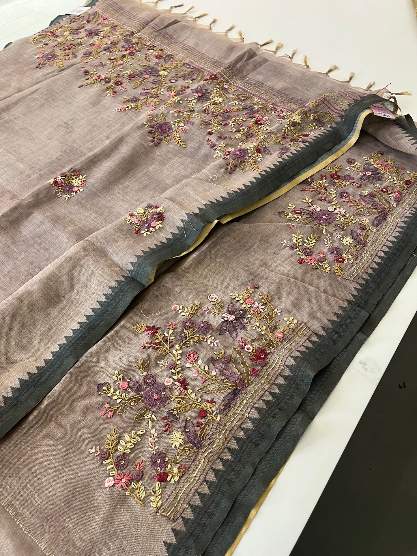 Designer linen  saree full embroidery