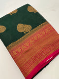 Bottle Green x Pink Tussar Cotton Saree with Double Leaf Butta All Over JU24