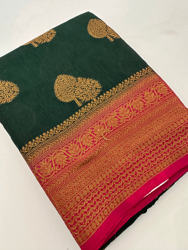 Bottle Green x Pink Tussar Cotton Saree with Double Leaf Butta All Over JU24