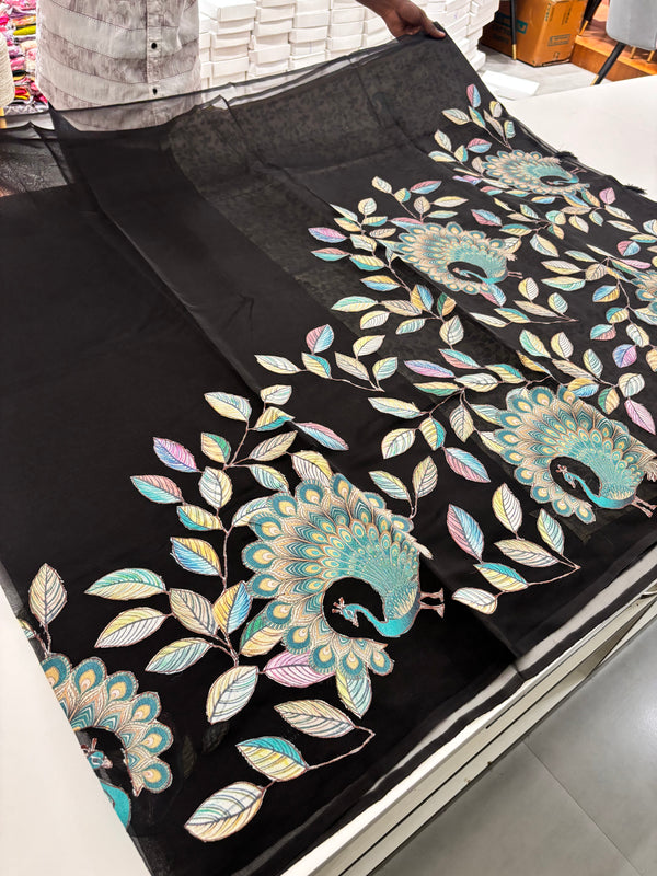 Black Patch Work Netted Kora Fabric Designer Saree