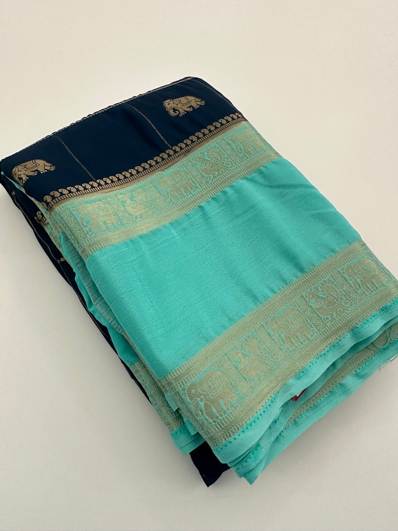Premium Semi Mysore Silk sarees with silver and gold weavings and contrast blouse piece🌹-AU9