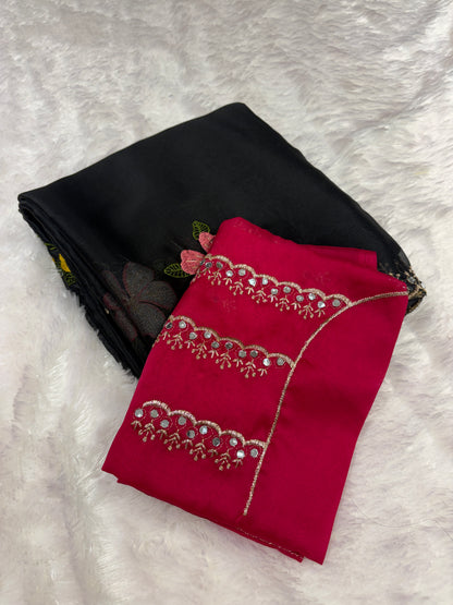 Black X Rani Pink Glass work organza sarees-1401