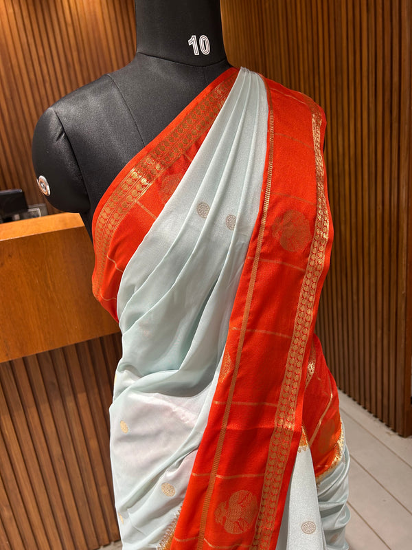 Light Blue X Orange Premium Semi Mysore Crape Silk Saree- JU16