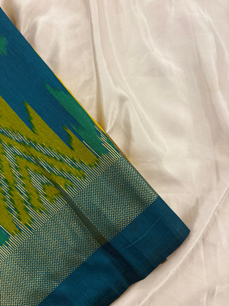 Yellow Blue Soft Pochampally Printed Saree SALE