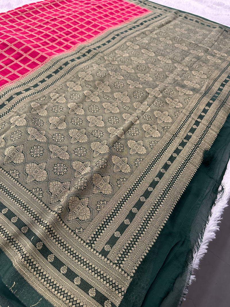 Premium Georgette Sarees In Checks Zari and Small Border with Contrast Blouse Piece 🌹-JU18