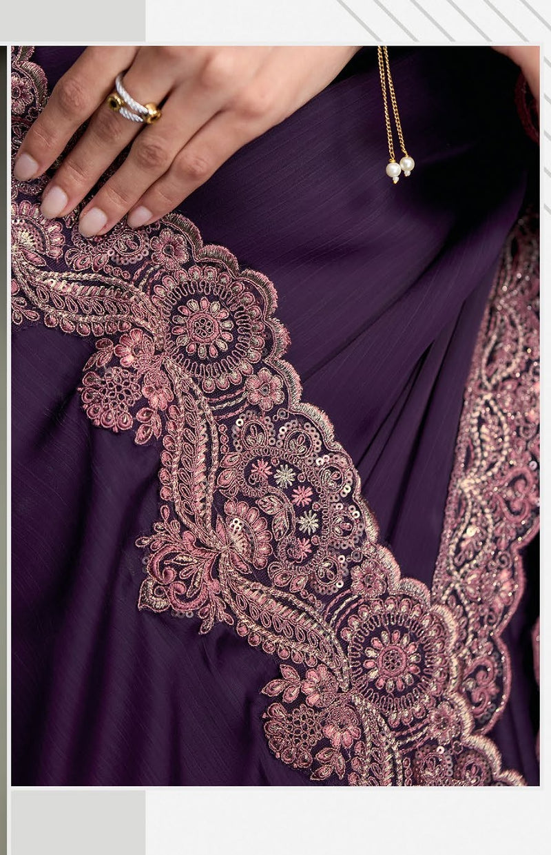 SW-1703 — PURPLE SARTIN SILK CHIFFON SAREE & BANGLORE WORK BLOUSE