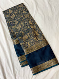 Peacock Blue Premium Mysore Silk Saree with Kalamkari Floral Brocade AU10