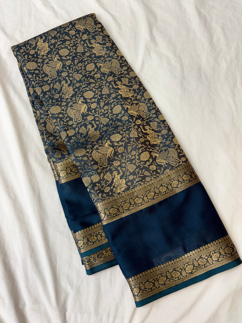 Peacock Blue Premium Mysore Silk Saree with Kalamkari Floral Brocade AU10