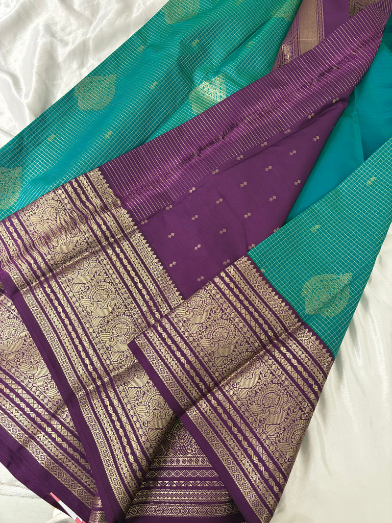 JU18 - Rama Green X Purple Checks Semi Silk Saree