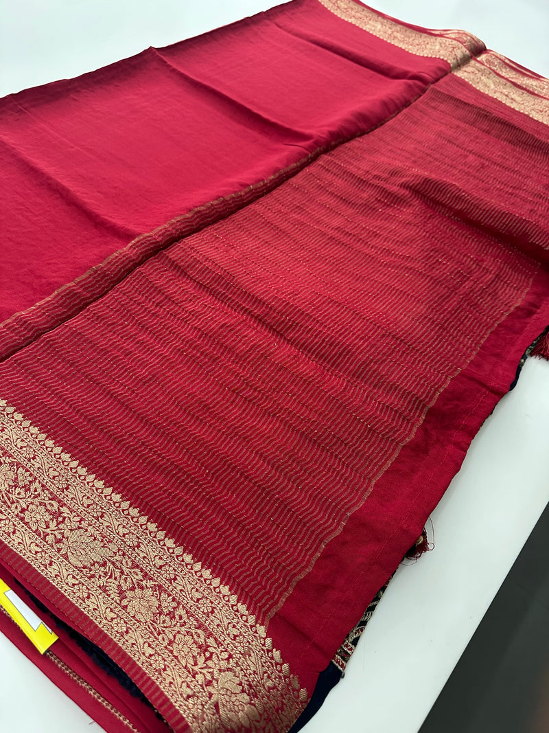 Pink Banarsi Crape Silk Fancy Saree contrast embroidery blouse piece-AU24