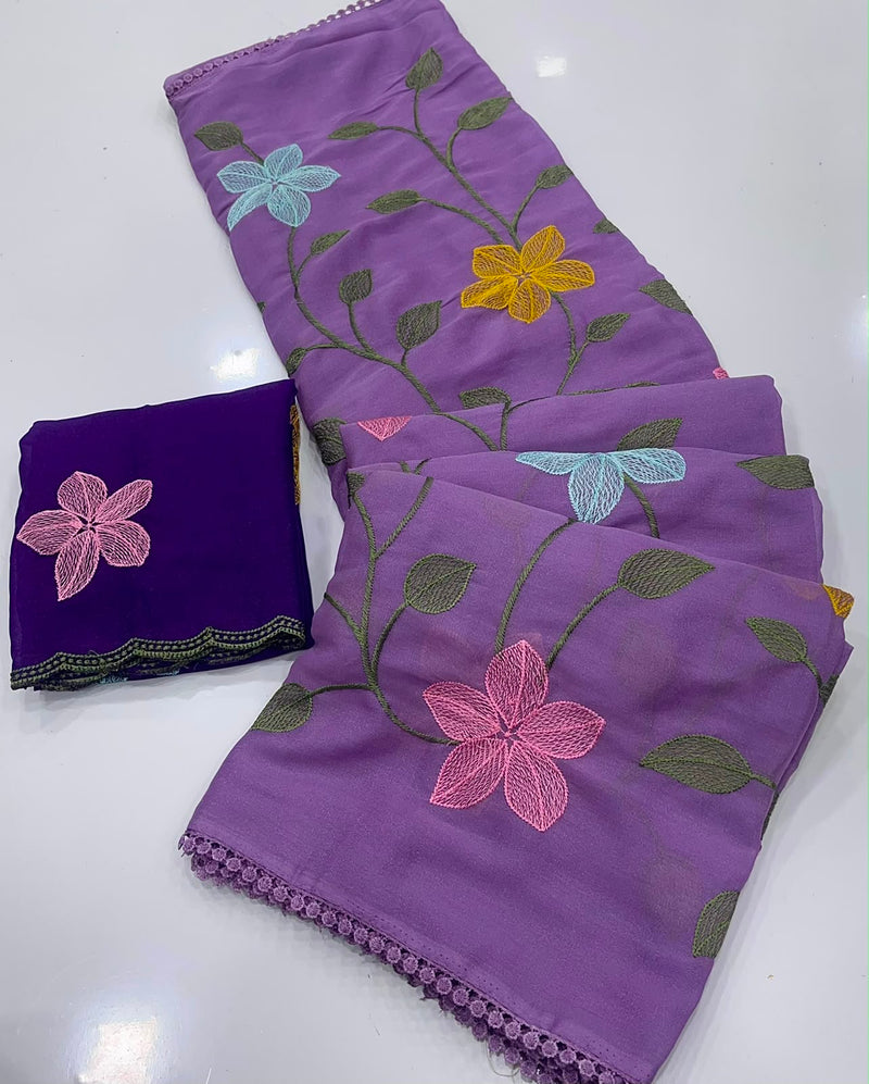 Start Georgette Saree With Embroidery Work-J30