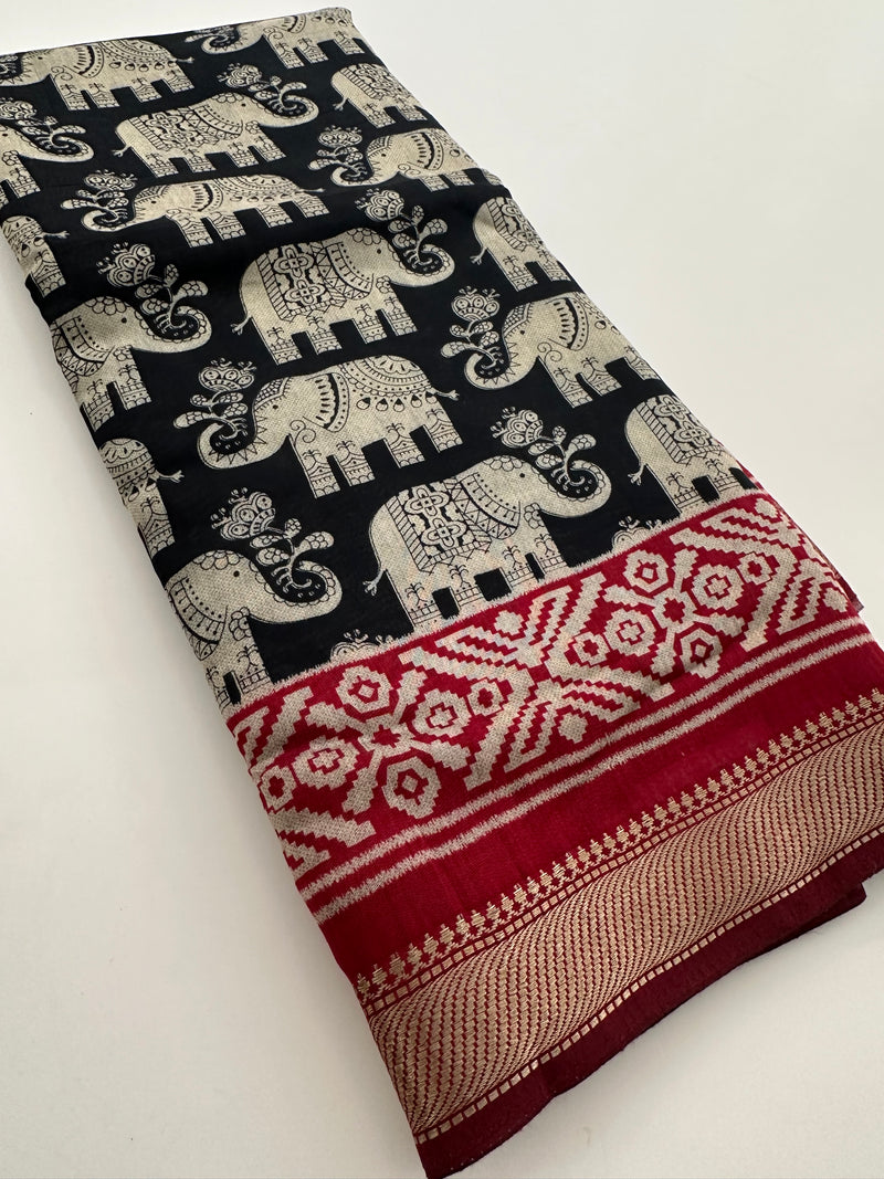 Black X Red Soft Printed Kalamkari Chanderi Saree