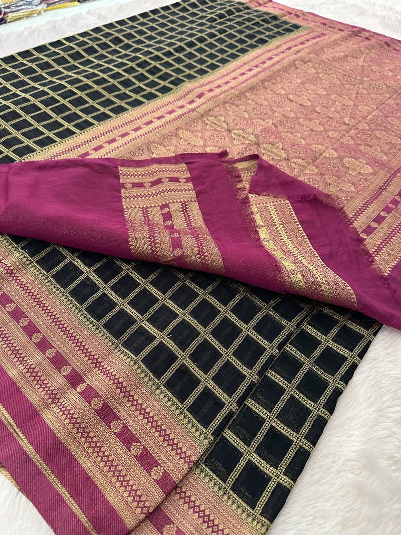 Premium Georgette Sarees In Checks Zari and Small Border with Contrast Blouse Piece 🌹-JU18