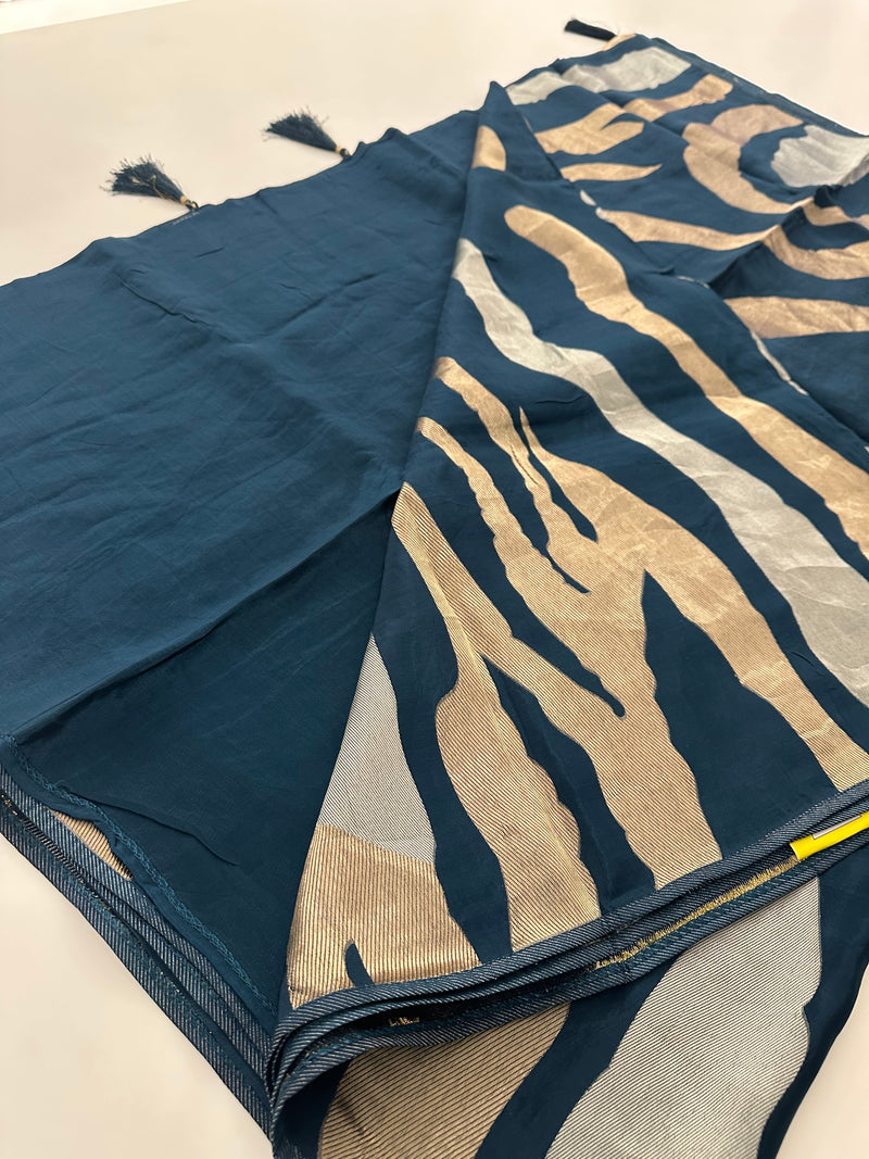 Peacock Blue Designer Chinnon Silk Saree – Zigzag Design AU24