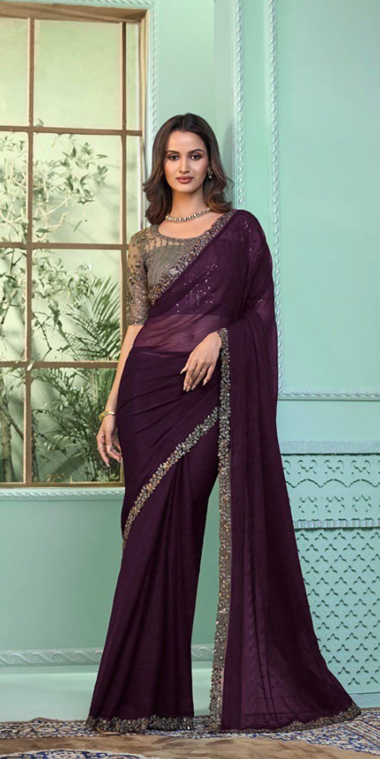 Wine Chiffon Georgette Designer Party wear Saree-TFH SLS 7809