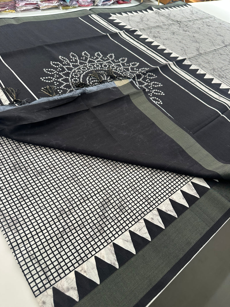 Black and White Tussar Printed Saree- JU28