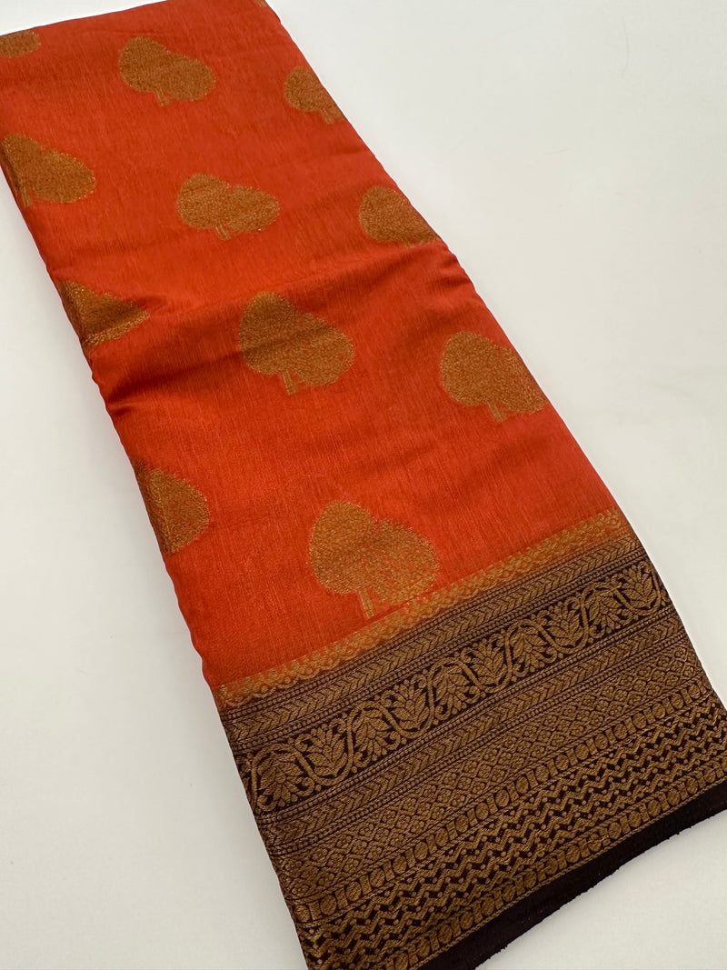 Rust Orange x Brown Tussar Cotton Saree with Double Leaf Butta All Over JU24