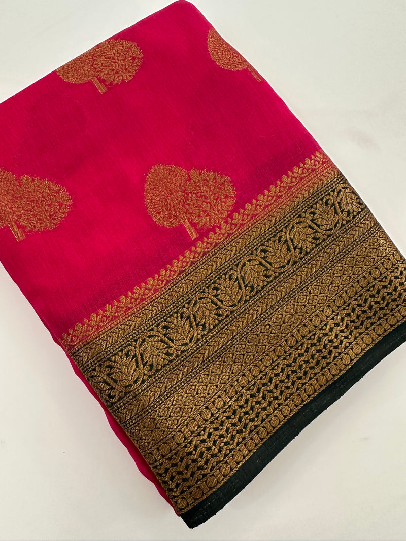 Rani Pink x Green Tussar Cotton Saree with Double Leaf Butta All Over JU24