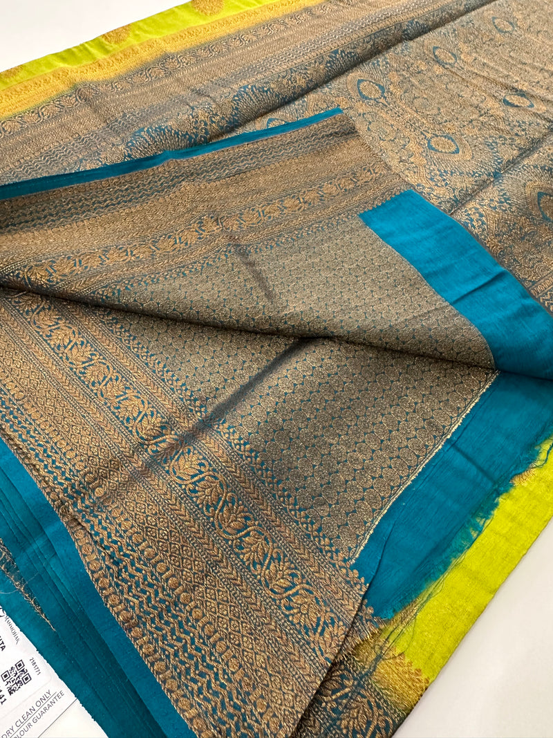 Leaf Green x Blue Tussar Cotton Saree with Double Leaf Butta All Over JU24