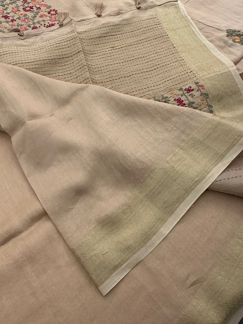 Pure Tussar Silk With Katha Work and Embroidery Buttas in Premium Finishing🦋 🌹-JU16