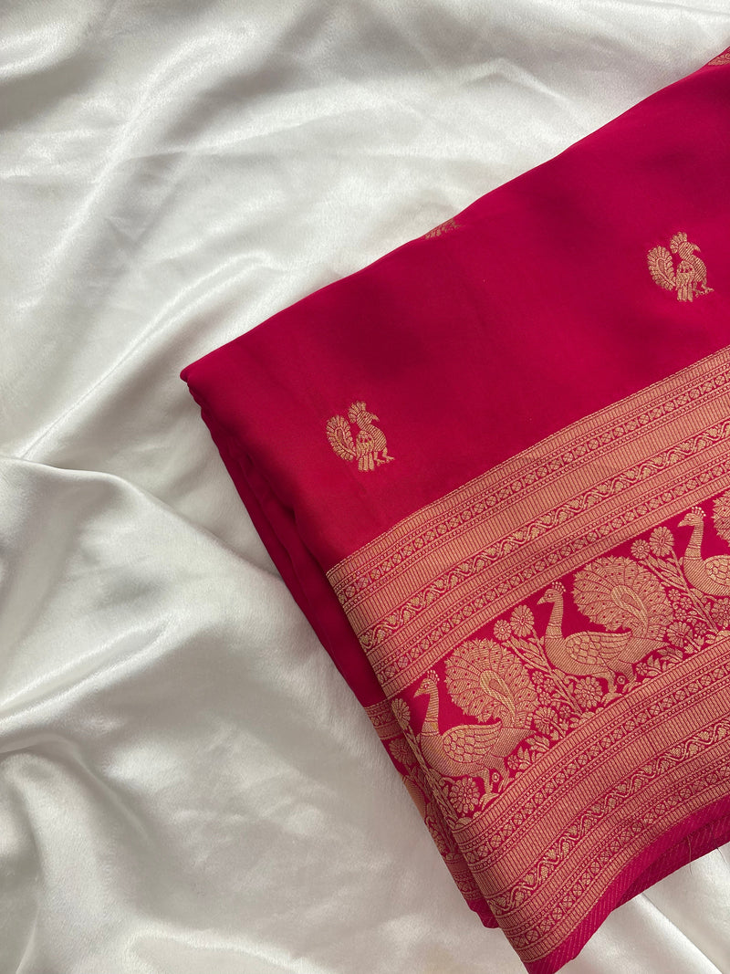 Rani pink crepe banaras saree with peacock buttas and big rich border,, comes with fancy self blouse,, beautiful feel fall fabric🌹 🌹-AU3
