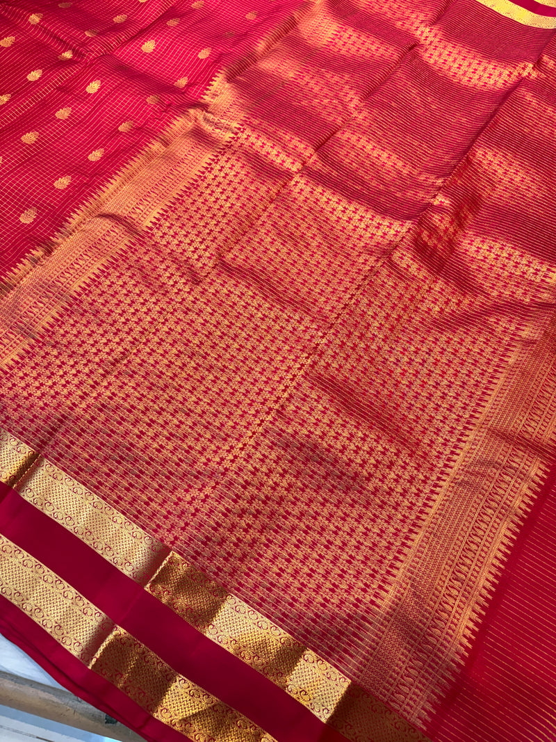 RANI PINK GOLD JARI MICRO CHECKS AND SMALL BUTTIES WITH BENTEX BORDER PUREMIX KANCHI SILK SAREE