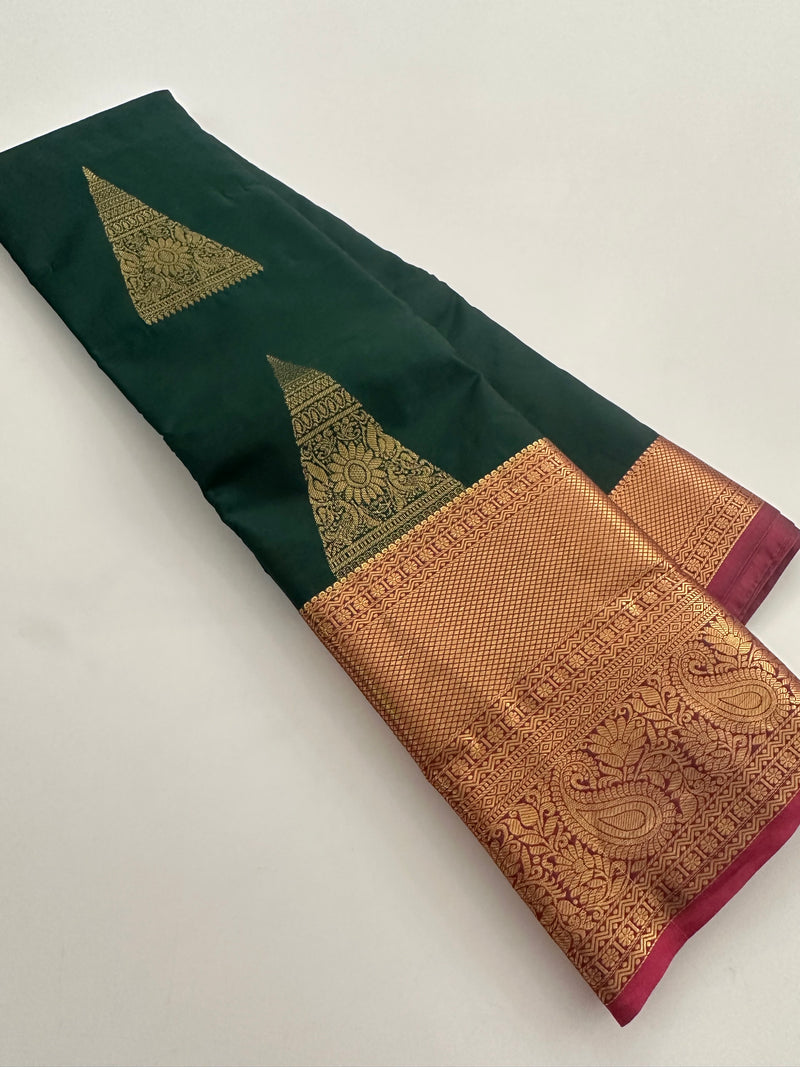 Bottle Green Semi Kanjeevaram Silk Saree - AU12
