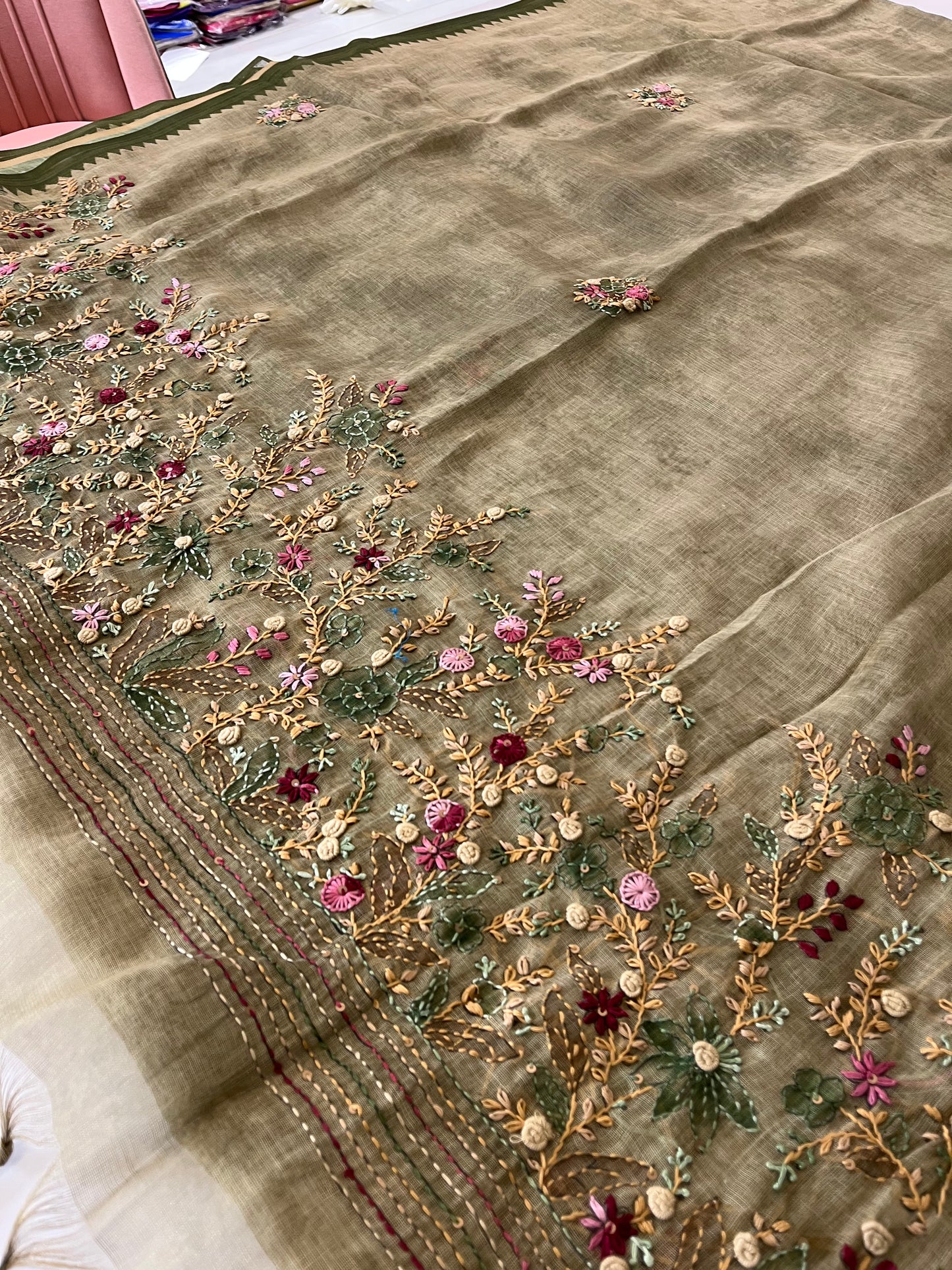 Designer linen  saree full embroidery