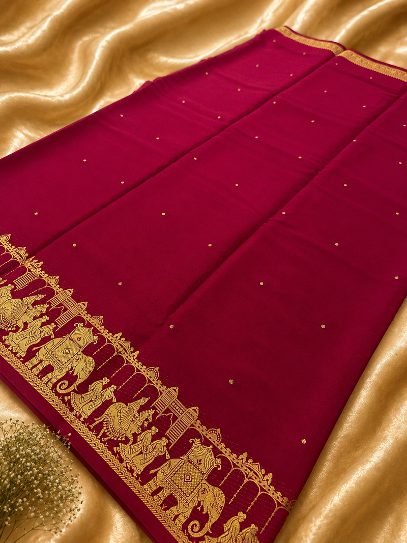PURE 120GSM MYSORE CRAPE SILK SAREE IN PINK COMBINATION WITH GOLD ZARI BUTTIES AND FRESH NEW BORDER- JU2