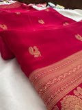 Rani pink crepe banaras saree with peacock buttas and big rich border,, comes with fancy self blouse,, beautiful feel fall fabric🌹 🌹-AU3