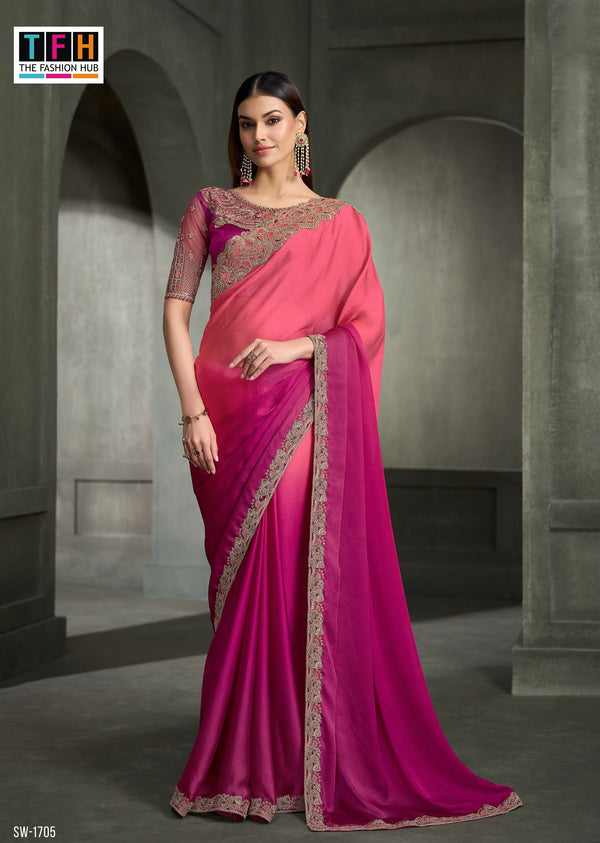 SW-1705 — MAJESTIC SHADED SARTIN CHIFFON SAREE & BANGLORE WORK BLOUSE