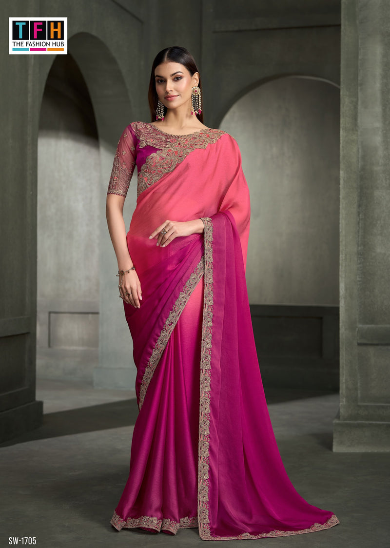SW-1705 — MAJESTIC SHADED SARTIN CHIFFON SAREE & BANGLORE WORK BLOUSE