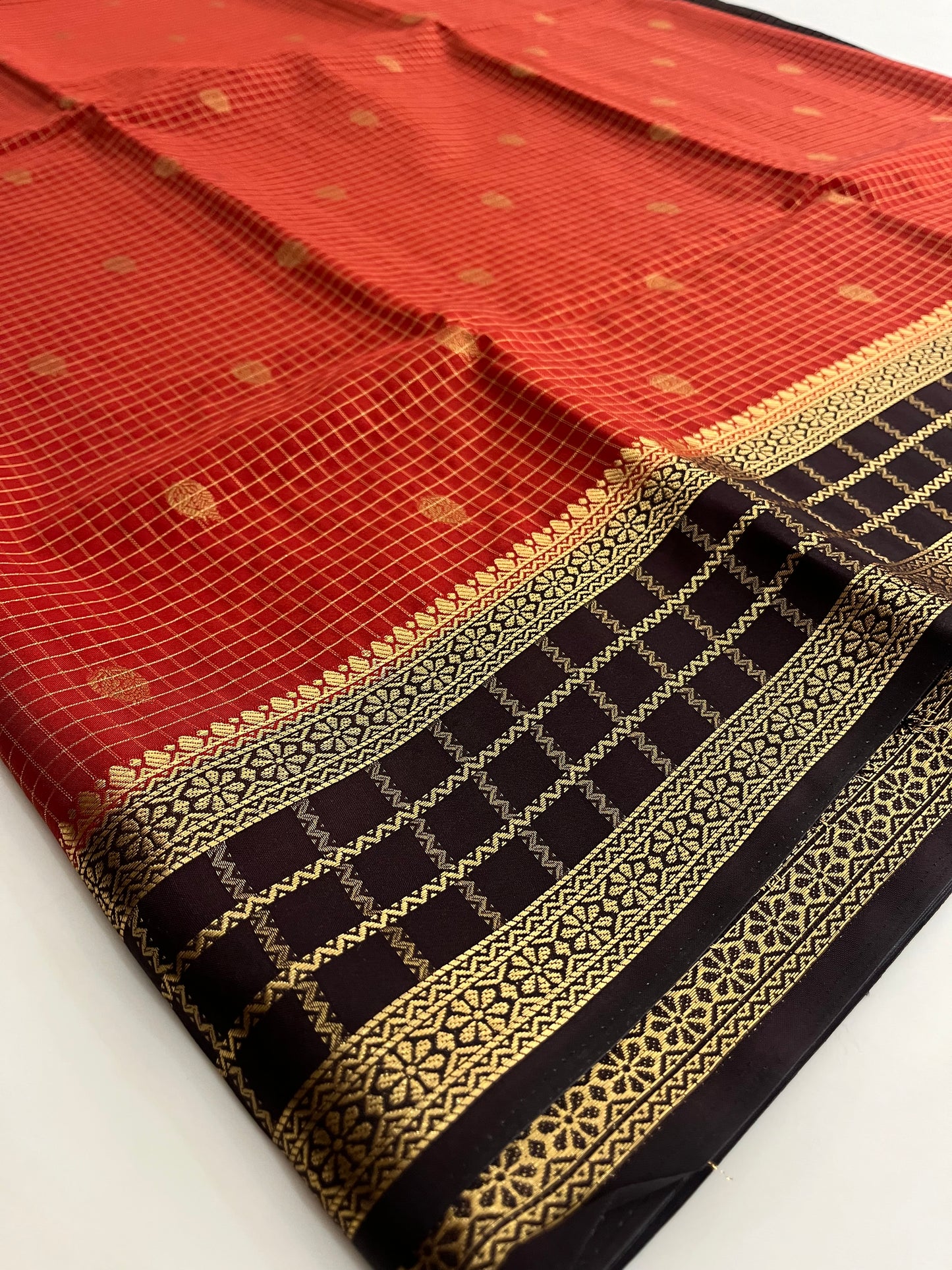 Rust orange with deep wine checks Banarasi Chinnon silk