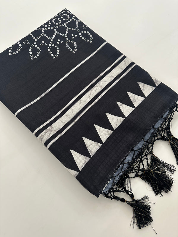 Black and White Tussar Printed Saree- JU29