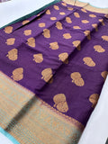 Purple x Pastel Blue Tussar Cotton Saree with Double Leaf Butta All Over JU24