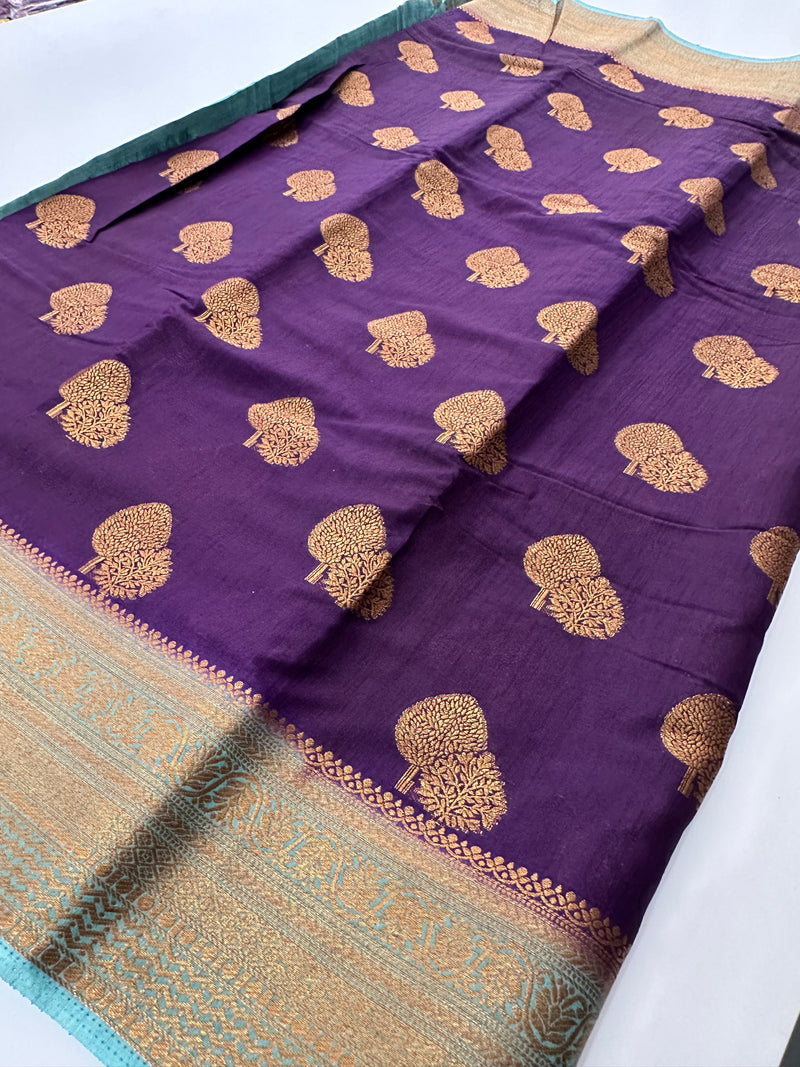 Purple x Pastel Blue Tussar Cotton Saree with Double Leaf Butta All Over JU24