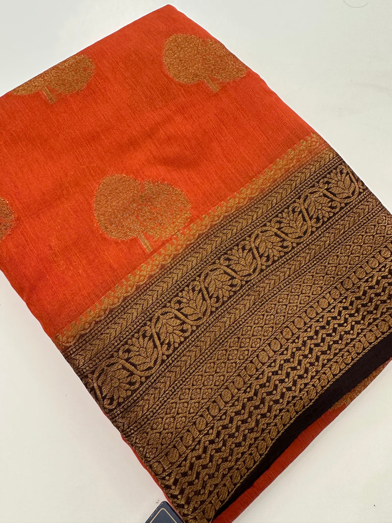 Rust Orange x Brown Tussar Cotton Saree with Double Leaf Butta All Over JU24