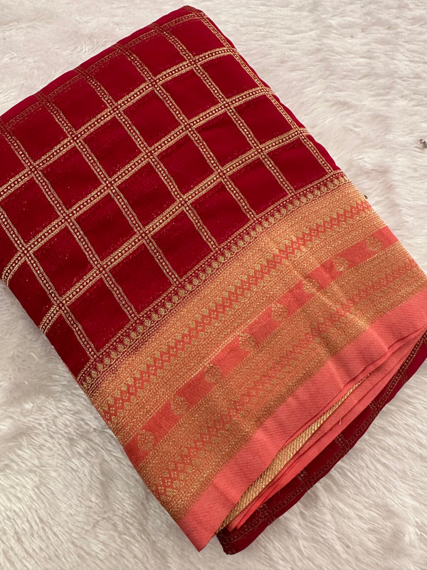 Premium Georgette Sarees In Checks Zari and Small Border with Contrast Blouse Piece 🌹-JU18