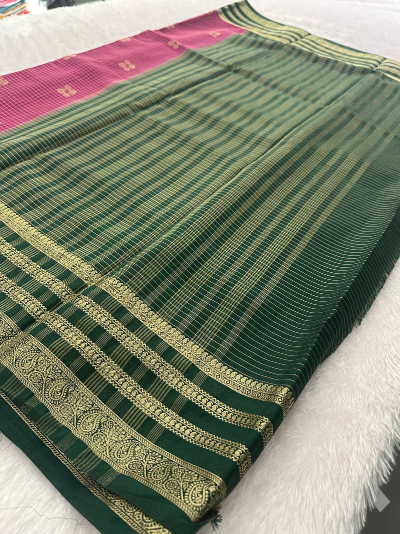Semi Crepe Checks Saree - Magenta x Green AU25