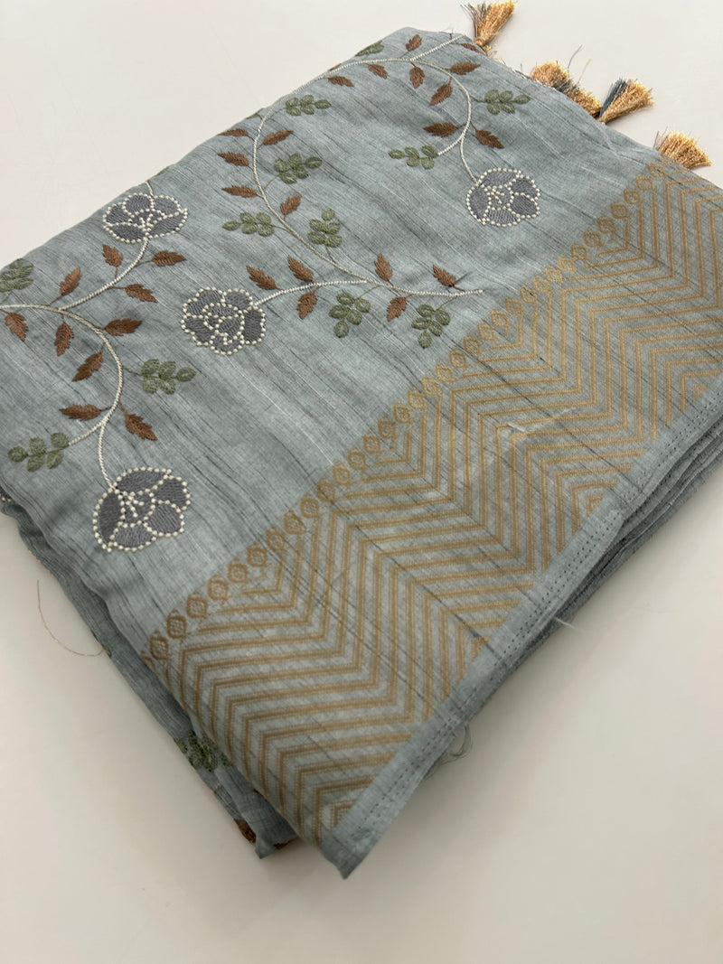 🌹Tussar Silk Sarees in Full Embroidery Work With Self Pattern Blouse 🌹
JU23