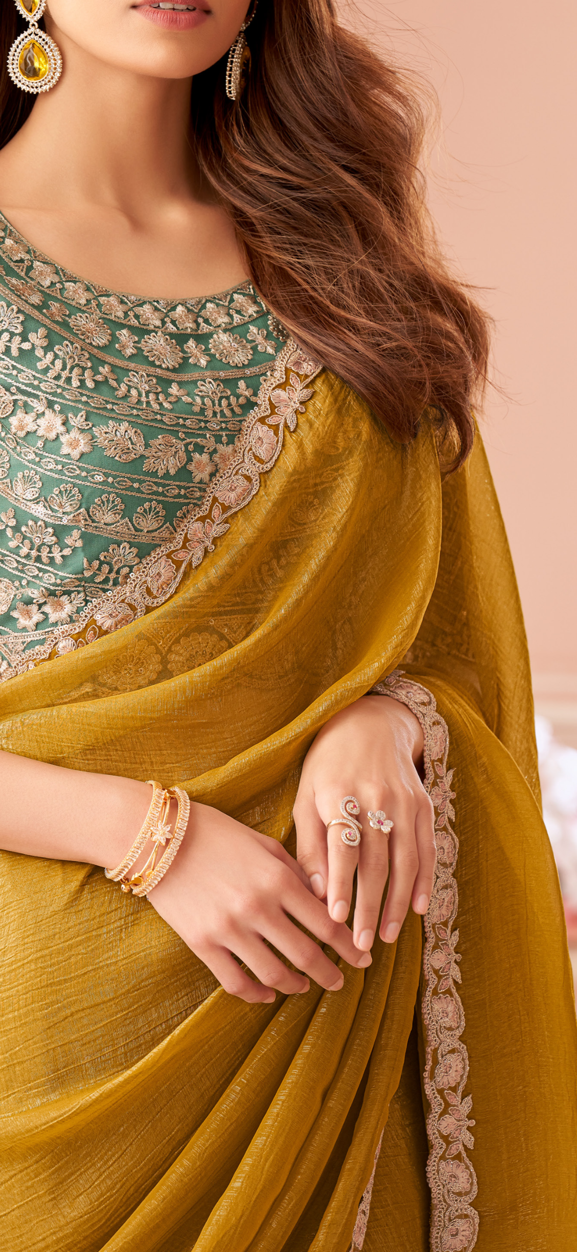 Designer Mustard X Teal Georgette Saree