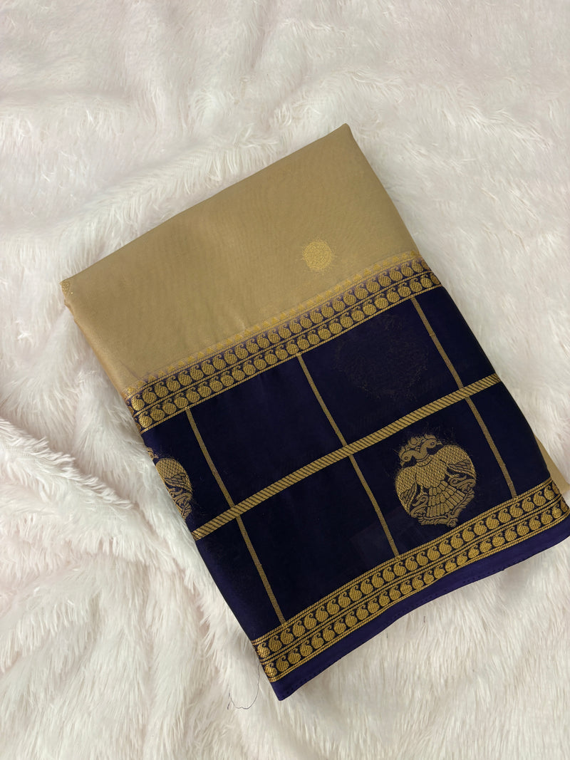 Semi Crepe Silk Saree - Cream x Navy Blue (J29)