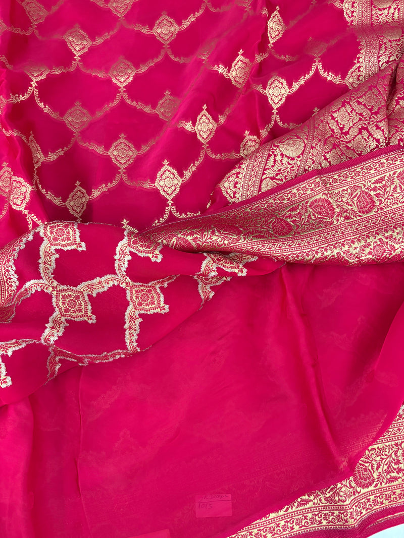 Rani Pink Satin Kora Banaras Saree with Rich Gold Zari Jaal All Over JU23