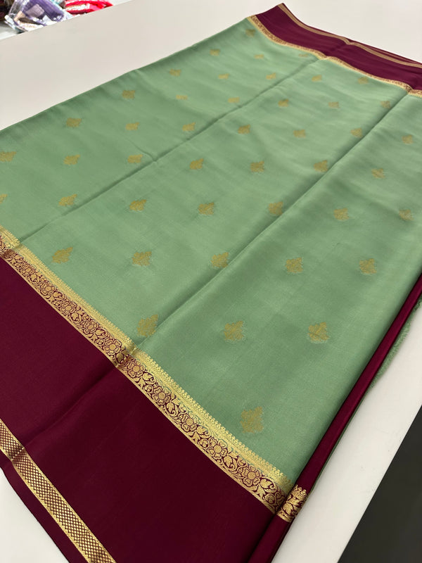 Pista Green x Maroon 120 GSM Mysore Crepe Silk Saree - AU8