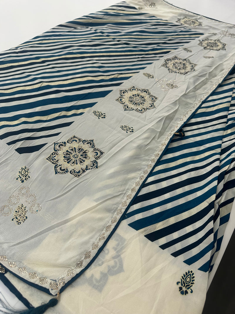 Lehariya Design with stone border crape chiffon premium sarees🌹-JU25